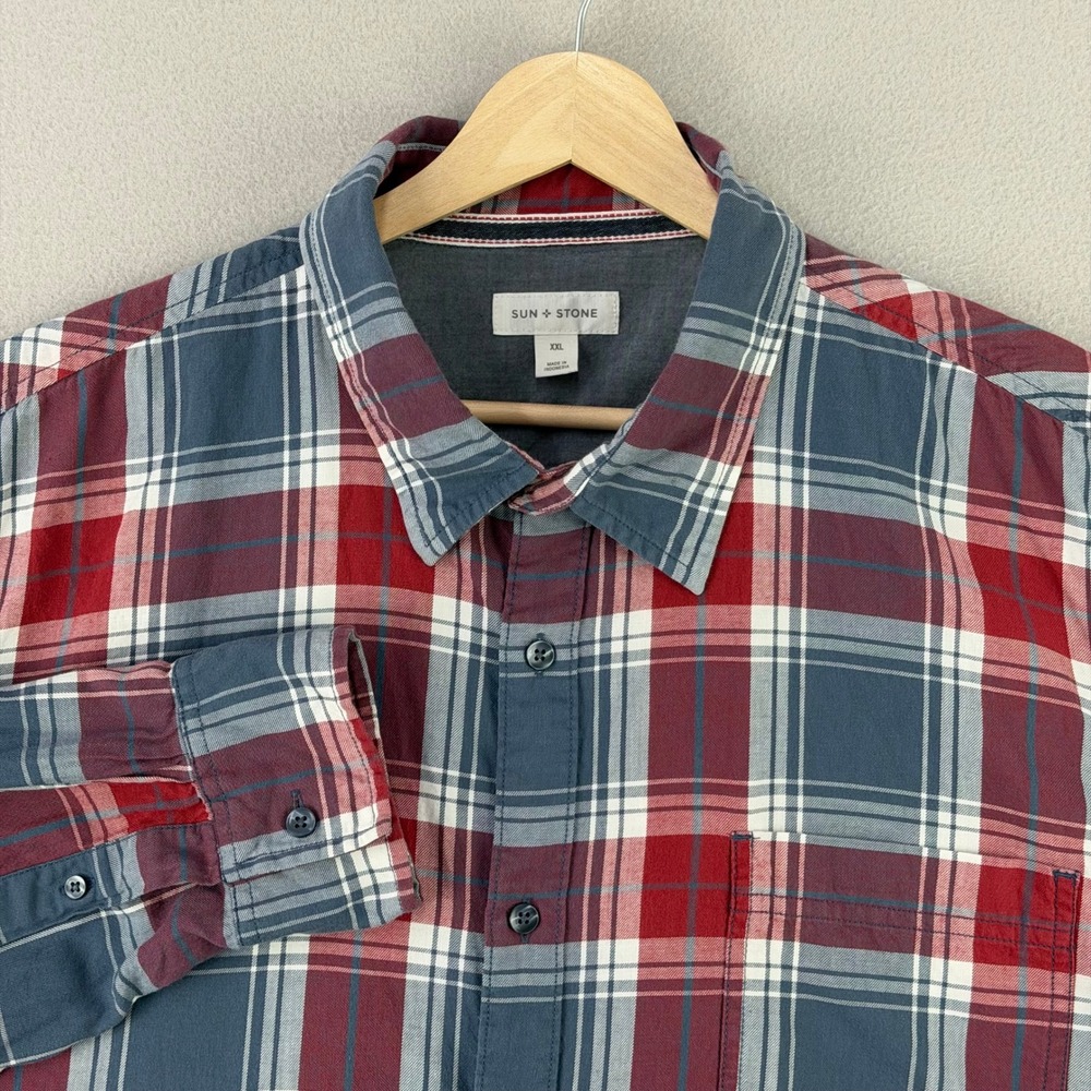 Sun+Stone Flannel Shirt Men XXL Red Plaid Button Down Casual Long Sleeve Cotton